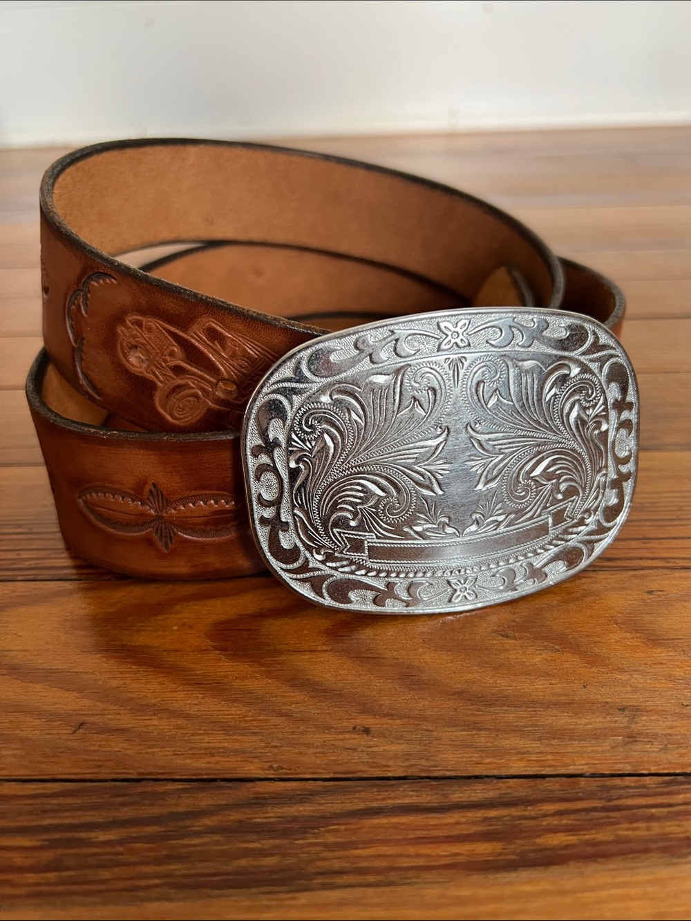 Vintage Tooled Leather Western Belt Jeep Design Silver Buckle Brown 46"